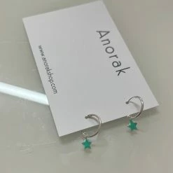 Anorak Sterling Silver Green Enamel Star Hoop Earrings