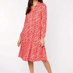 Anorak Pink Tiger Print Tiered Midi Dress