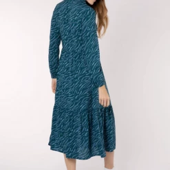 Anorak Blue Tiger Print Tiered Midi Dress