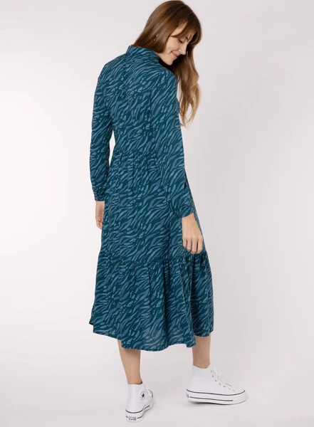 Anorak Blue Tiger Print Tiered Midi Dress 1 Anorak Blue Tiger Print Tiered Midi Dress