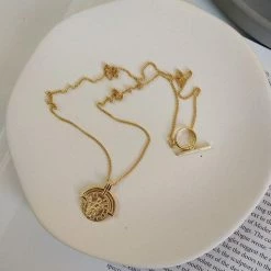 Anorak Gold Plated On Sterling Silver Engraved Coin Necklace With Long Chain 20 Inches