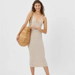Anorak Minimum Strappy Rib Knit Bodycon Dress Midi Beige