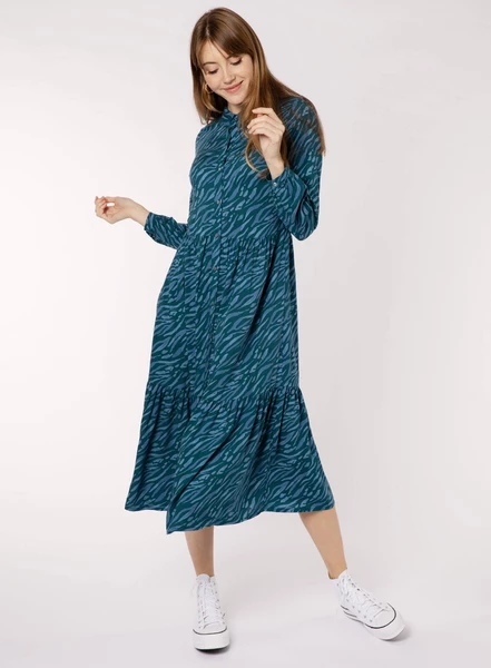 Anorak Blue Tiger Print Tiered Midi Dress 2 Anorak Blue Tiger Print Tiered Midi Dress